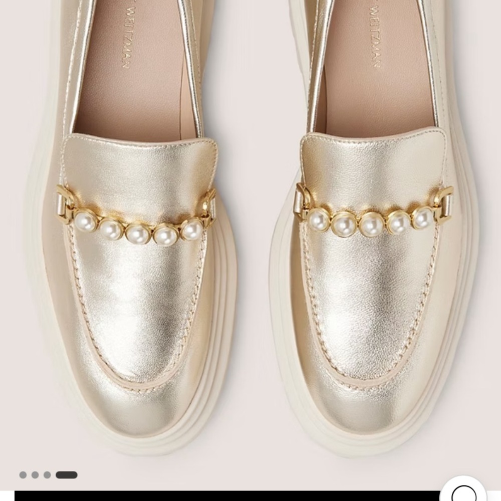 Stuart Weitzman Gold Loafers with Pearl Detail
